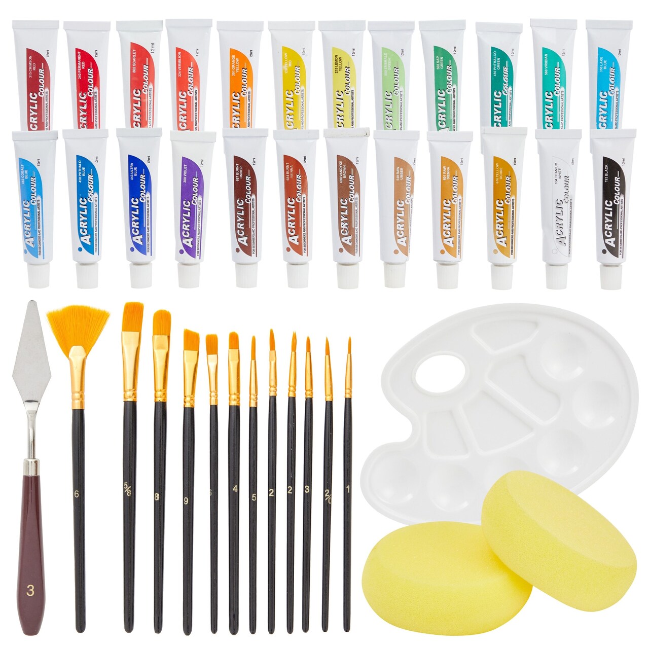 41 Piece Acrylic Paint Set with 12 Brushes, 1 Palette, 2 Art Knives, 2 Sponges, 24 Vibrant Colors